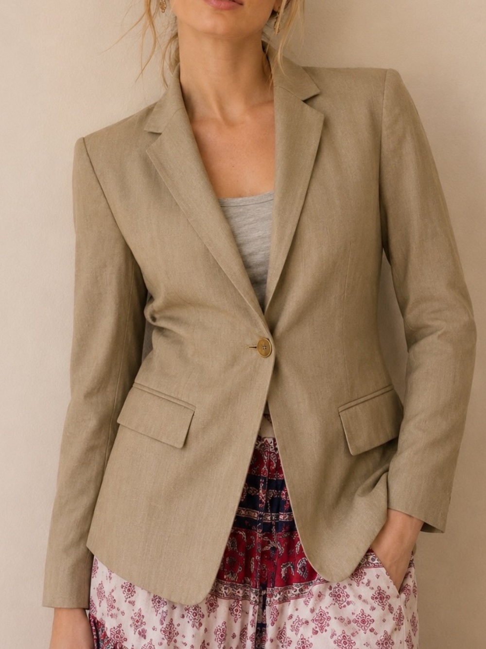 Vintage Anne Klein Tan Wool Lined Pocket Shoulder-pad Blazer Size 6